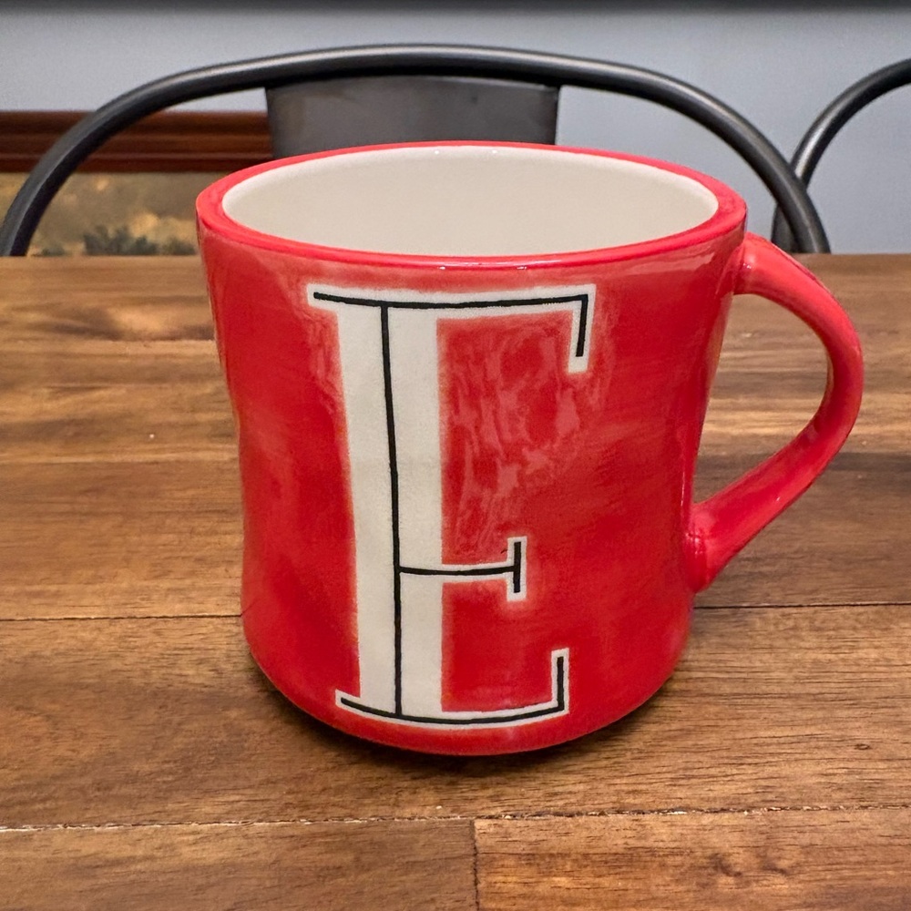 Anthropologie Red Monogram Mug Letter “E” Hand Painted